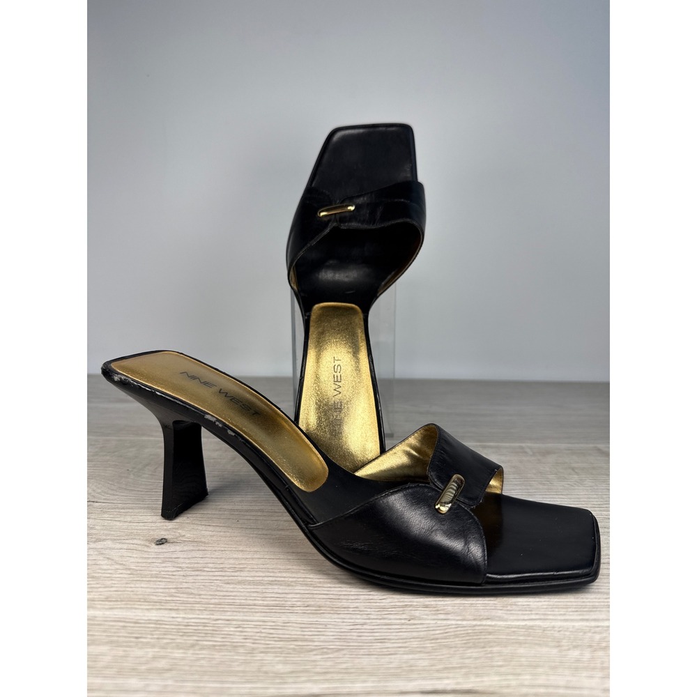 Nine West Black Leather Square-Toe Kitten Heel Sandals